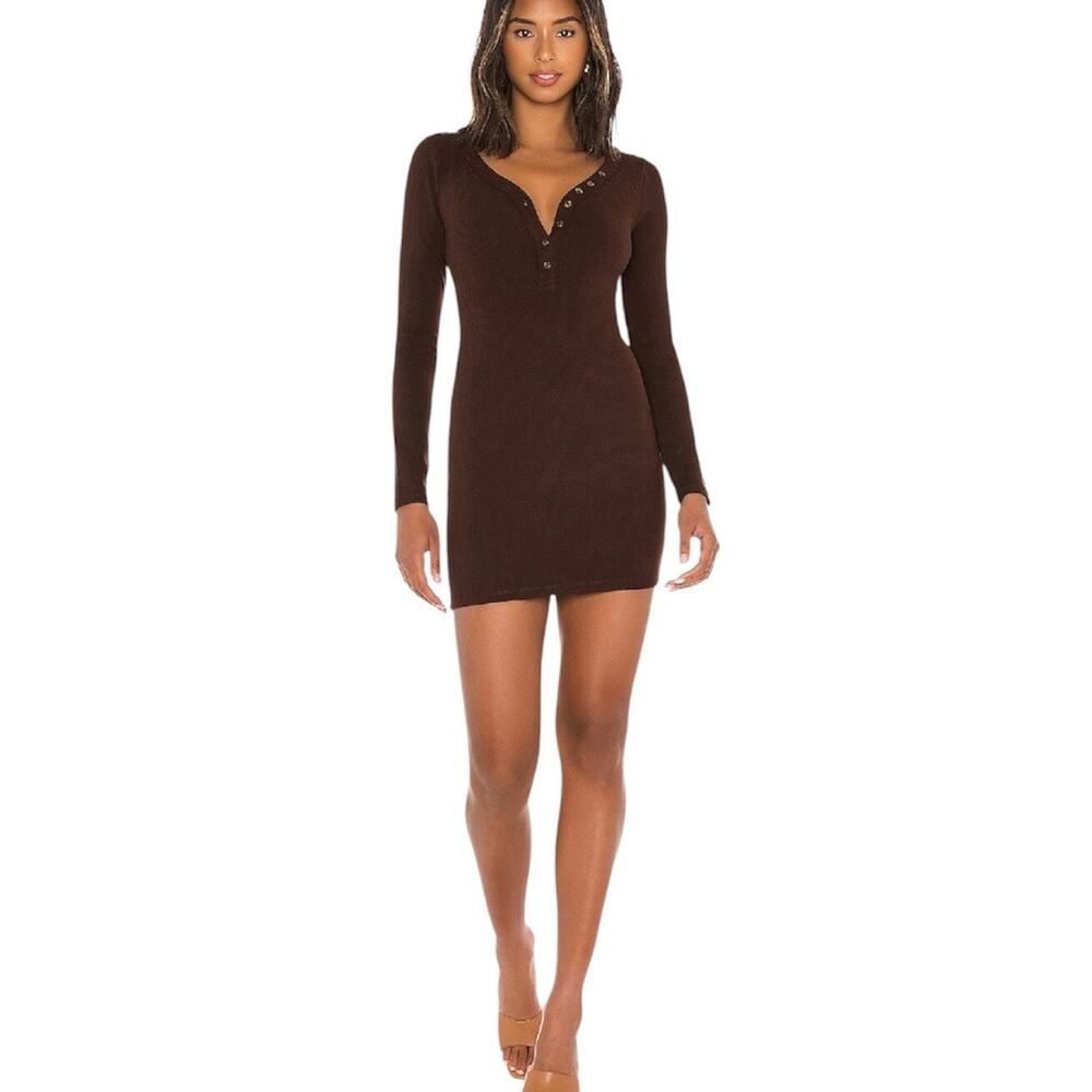 Lovers & Friends Alice Ribbed Mini Bodycon Dress Long Sleeve Size Large Brown